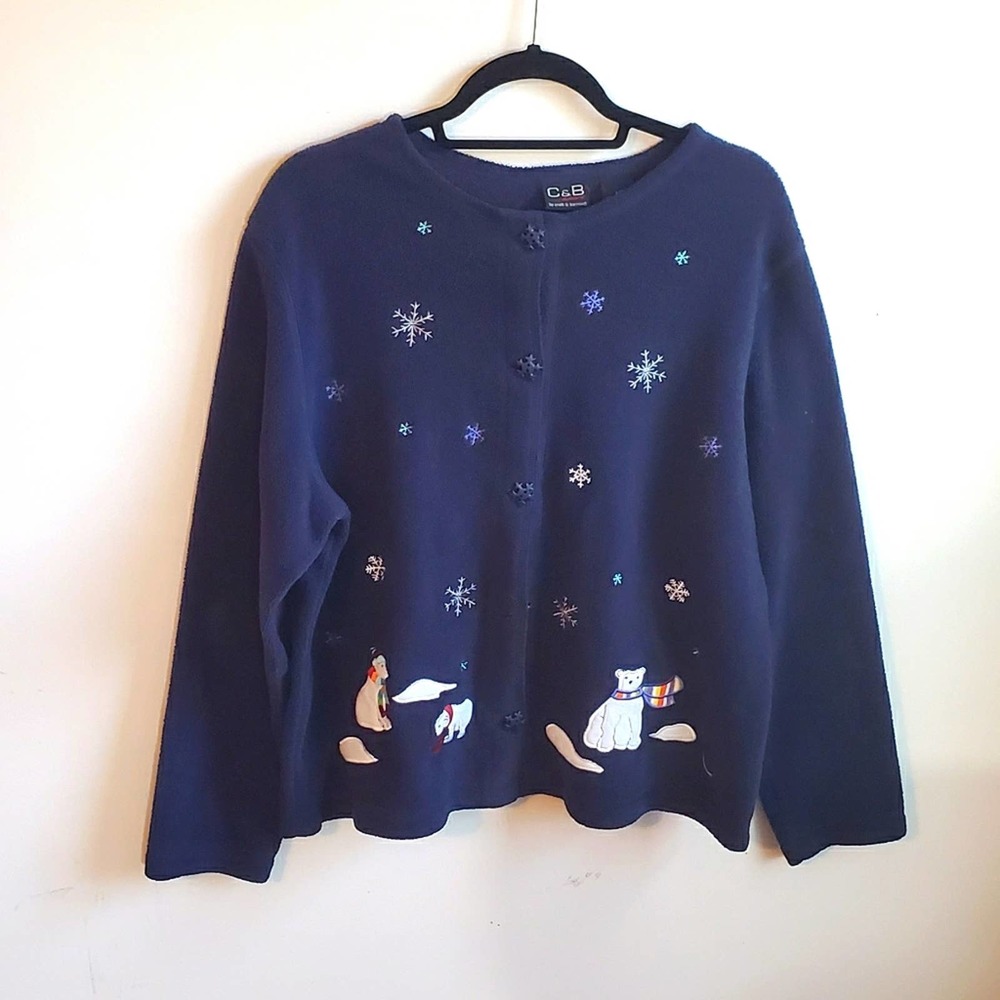 ❤️‍ VINTAGE Croft & Barrow Super Cozy Soft Warm Navy Blue Polarbear Cardigan